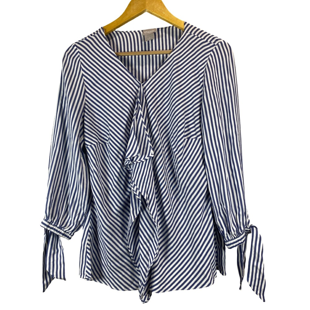 Chicos Blue White Striped Ruffle Front Tie Sleeve Blouse Top Size 1 Medium